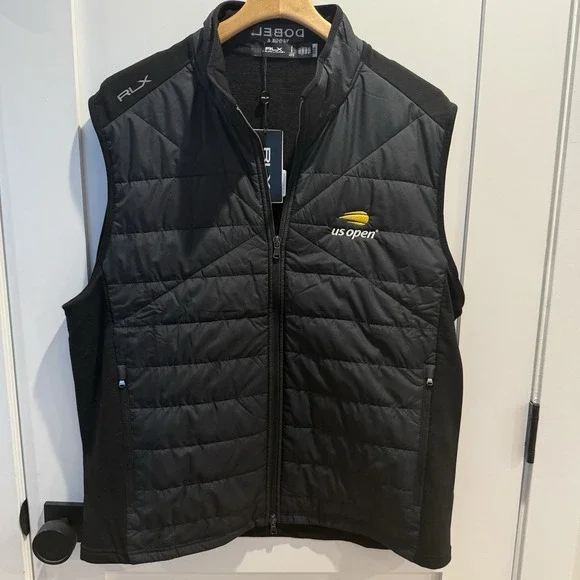 Ralph Lauren RLX Black US Open Tennis Vest Branded Dobel Tequila XL Puffer/Knit